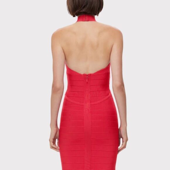 NWT Herve Leger ICON BANDAGE HALTER GOWN Large Rio Red - Picture 7 of 16